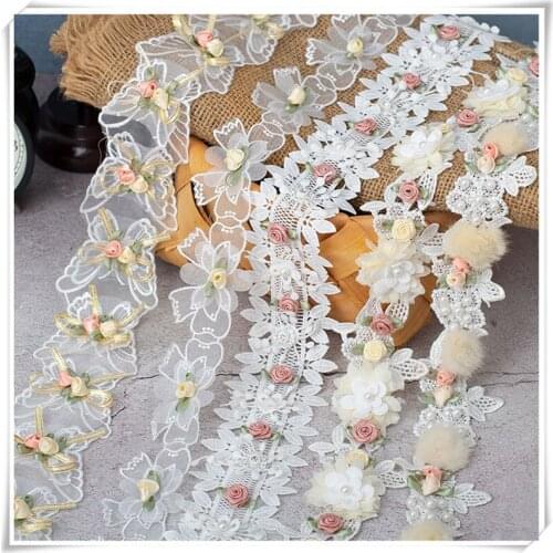 High Quality Fairy Vanilla Rose Three-Dimensional Beaded Flower Embroidery Lace DIY Handmade Finish Lace Accessories