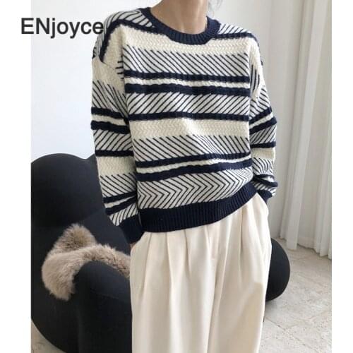 Women Sweater 2020 Autumn Winter New Round Neck Geometric Pattern Striped Loose Knitted Sweater Female Fashion Thick Jumpers