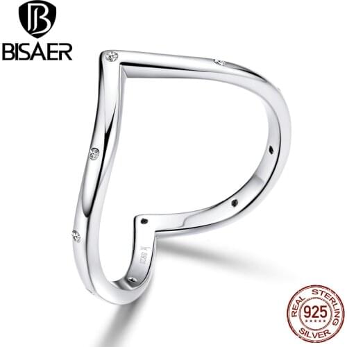 Love Heart Rings BISAER 925 Sterling Silver Polished Wishbone Finger Rings for Women Geometric Simple Love Jewelry ECR622