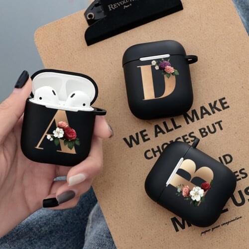 Gold Initial Alphabet Letter Flower Earphone Case For Airpods 1/2 Pro Black Silicone For Apple Airpods 1 2 Charging Box Bag Capa