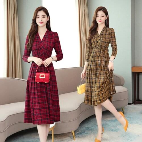 2021 Vintage Female Red Plaid Midi Dresses Autumn Winter New 3XL Plus Size Solid Long Sleeve Dress Elegant Women Party Vestidos