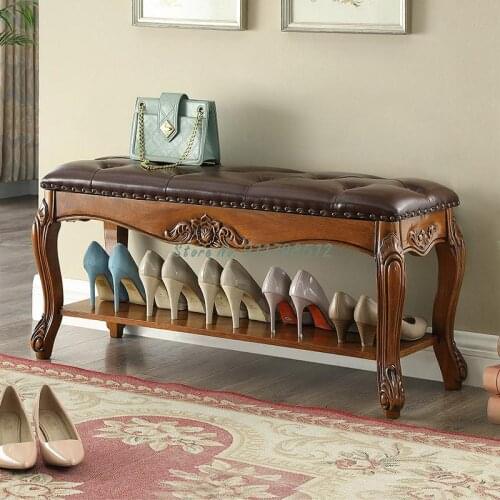American solid wood shoe changing stool European simple shoe changing rack pure solid wood leather stool sofa stool storage stoo