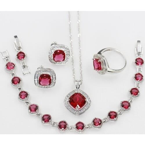 Shiny CZ Silver Color Jewelry Earrings Pendant Necklace Ring Bracelet Set Square Rose Red Jewelry Wedding/Party/Engagement