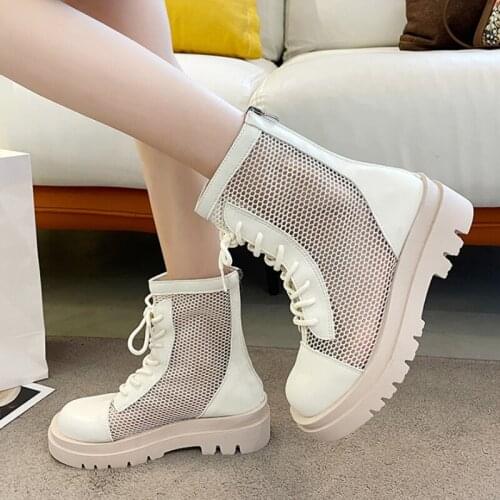 Breathable Mesh Platform Ankle Boots Women Summer White Patchwork Motorcycle Boots Woman Thick Sole Non-slip Botas Mujer