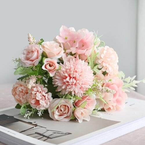 1 Bunch of 7 Roses Pink Silk Bouquet Peony Artificial Flower Bridal Wedding Home Decoration Artificial Flower Artificial