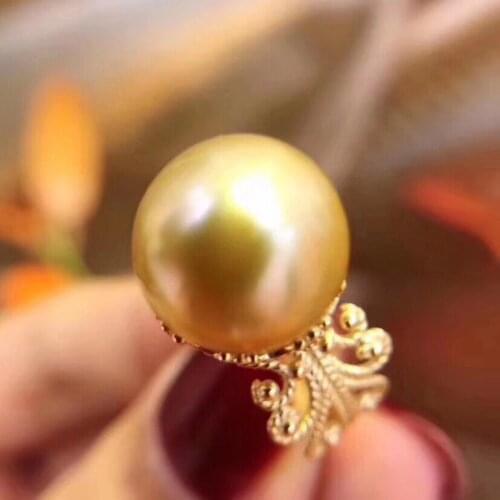 D1214 Pearl Ring Fine Jewelry 925 Sterling Silver Round 11-12mm Fresh Water Edison Golden Pearls Rings for Women Fine Presents