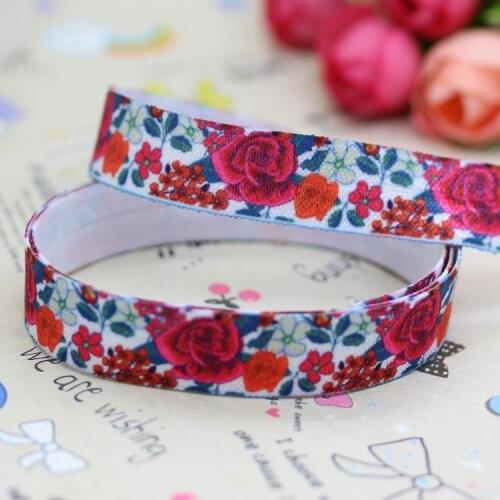 DHK 5/8'' 5yards Fold Over Elastic FOE Rose printed headband hair band diy decoration OEM Wholesale E306