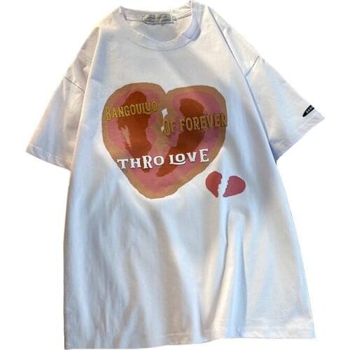 Summer Fashion Women T Shirt White Heartbreak Love Print Harajuku Couple Clothes Casual Loose Cotton Short Sleeve Tees Tops