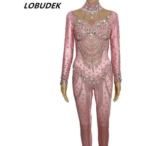 Pink crystals sexy rhinestones Jumpsuits Female costumes performance show Leotard Singer Dance Nightclub stage bar slim star