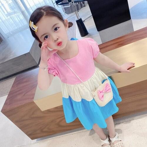 LISUNNY 2021 Summer Girls Dress Patchwork Color Children Cotton Dress Comfortable Bow-knot Vacation Beach Dress Kids Clothes