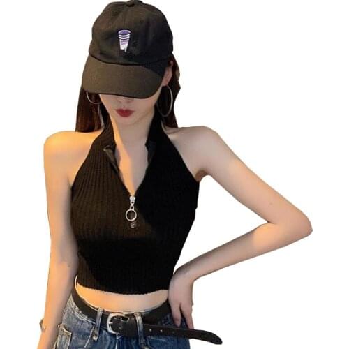 Summer Sexy Sweater Female Fashion Slim Zipper Sleeveless Bottoming Shirt Lady Net Red Short Backless Knitt Vest Tops Women