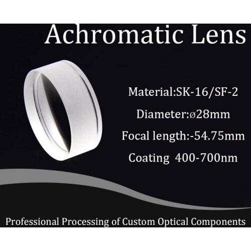 Material SK-16/SF-2 Achromatic Lens Diameter 28mm Center Thickness 2.5mm Focal Length -54.75mm Doublet Lens Coating 400~700nm
