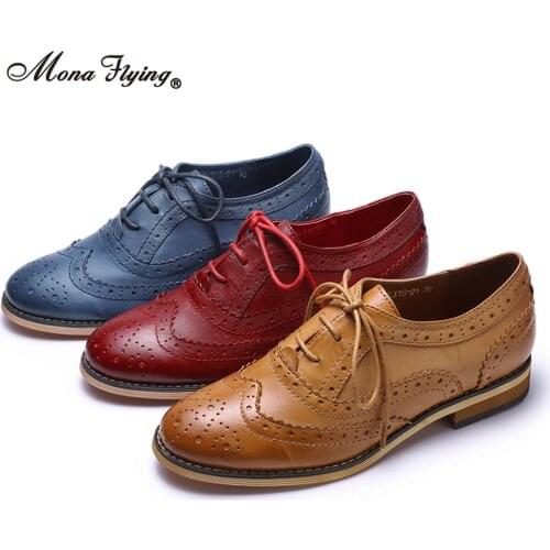 Mona Flying Women Premium Leather Oxfords Shoes Hand-made Casual Lace-up Block Wingtips for Female Ladies New Winter FLX18-21