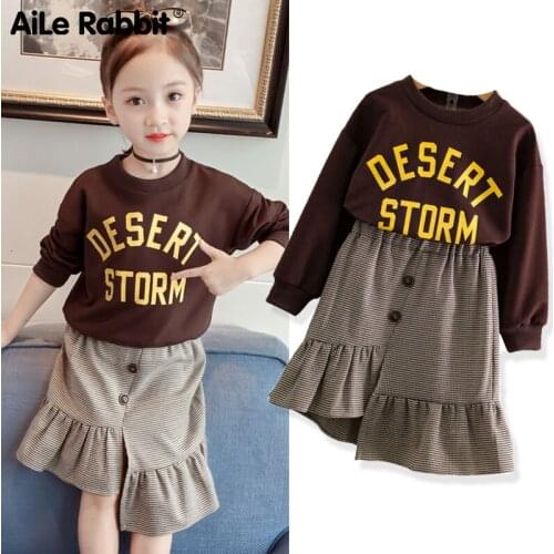 2019 New Autumn Girls Long Sleeve Suit Top With Short Skirt 2 Piece Set Letter T-shirt Irregular Plaid Skirt Kids Clothing 5b