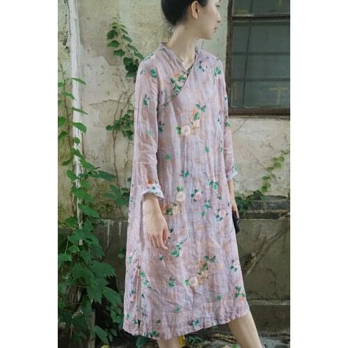 Zen ramie print new Chinese slant skirt dress national style double jade buttons show long and thin cheongsam l2277