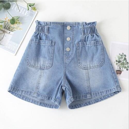 4-10Y Summer Fashion Kids Baby Girls Denim Short Solid Pockets Button Drawstring Slim Bottoms Short Pants