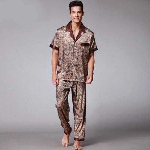 Men Silk Summer Kimono Autumn Pijiama Satin Print Long Sleeve Pants Pajamas Gown Korean Two Piece Pajama Sets Coffee Sleepwear