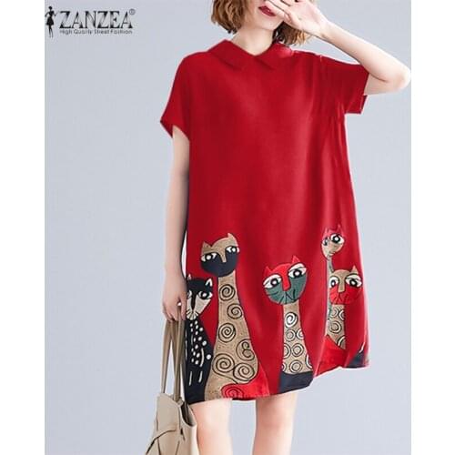ZANZEA Vintage Women Dress 2021 Summer Cartoon Print Knee Length Vestidos Casual Solid Short Sleeve Loose Sundress