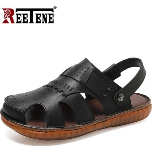 REETENE Summer Leather Sandals Men Beach Men Casual Sandals Fashion Comfortable Slippers Quality Handmade Sandals For Men