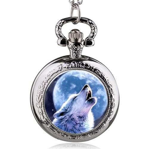 Silver Wolf Middle Size Quartz Pocket Watch Necklace Pendant Women Mens Gifts