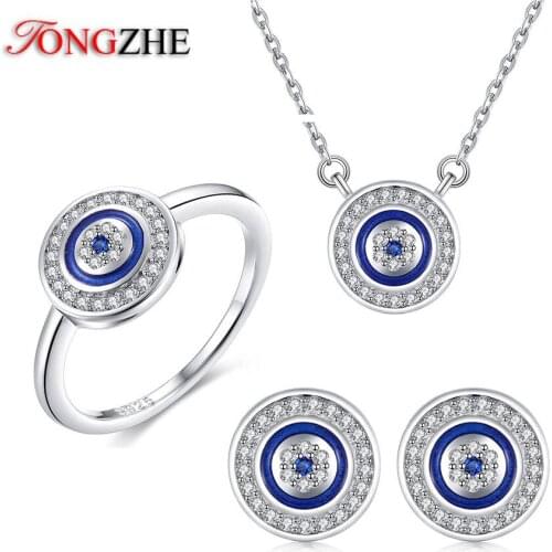 TONGZHE 925 Sterling Silver Nigerian Wedding Jewelry Set Blue Round Zirconia Evil Eye Earrings Necklace Rings For Women Lovers