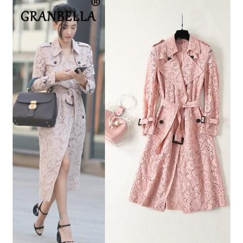 2020 Spring Autumn Womens Overcoat Korean Style Windbreaker Long Trench Coat For Women Wild Slim Lace Hollow Coats