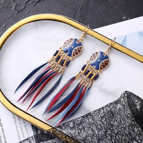 Vintage Boho Bead Feather Drop Earrings for Women Bohemian Long Tassel Earring 2020 New Fashion Banquet Jewelry Accessories Gift