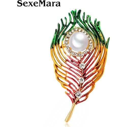 SexeMara Rhinestone Feather Brooches For Women Scarf Shawl Buckle Zircon Brooch Pins Pearl Corsage Jewelry Accessories