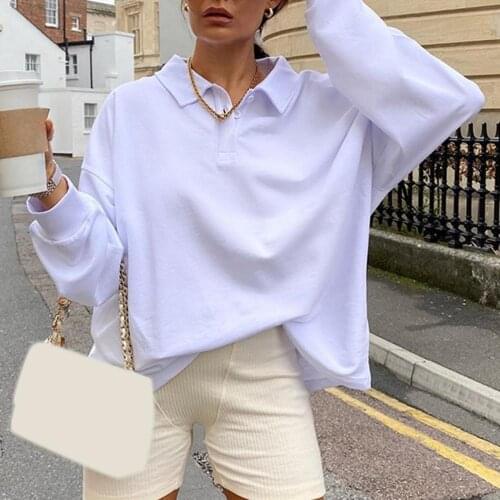 Womens t-shirts Casual Tops Women Loose Long Sleeve Lapel Button Design Solid Color Pullover Long Sleeve Womens t-shirts 2021