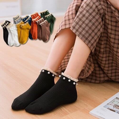 Women Lace Frilled Pearl Socks Cotton Cute Ankle Socks for Girls Solid Color Soft and Breathable Socks