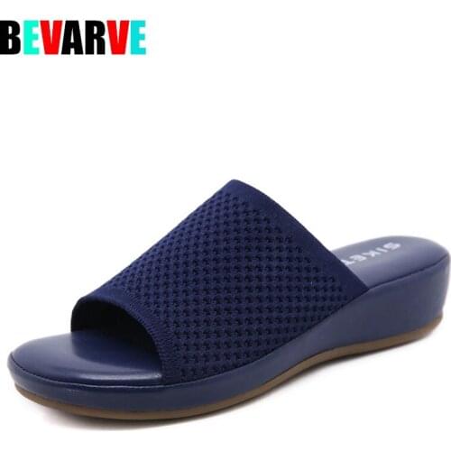BEVARVE new Women shoes knitting Slippers Beach Wedge Ladies Sandals Slip On Thick Bottom Retro Female Slippers platform sandal