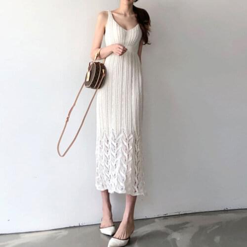 Sexy Long Beach Dress Women Korean Summer Sleeveless V Neck Holiday Crochet Dress Retro Solid Color A Line High Waist Tank Dress