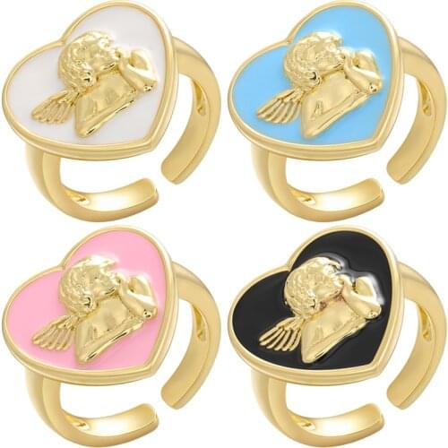 ZHUKOU Heart shape Angel Cupid Ring for women Enamel Chunky opening Rings Thick Gold Stack Fashion jewelry wholesale VJ153