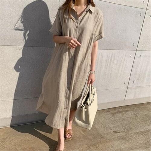 Johnature 2021 Summer New Casual Turn-down Collar Women Dresses Simple Loose Lace-up Single-breasted Female Dress