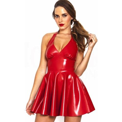 Women Wet Look Latex PVC Leather Pleated Dress Sexy Backless Deep V Neck Side Zipper Bodycon Mini Dresses Party Club Dress
