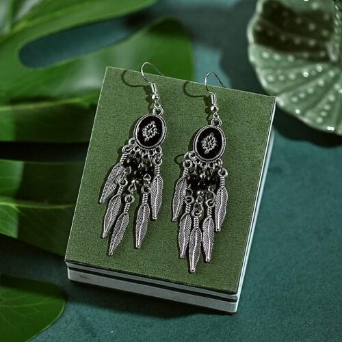 2020 Womens Silver Color Leaf Tassel Dangle Earrings Boho Summer Jhumka Earrings Tribal Gypsy Jewelry