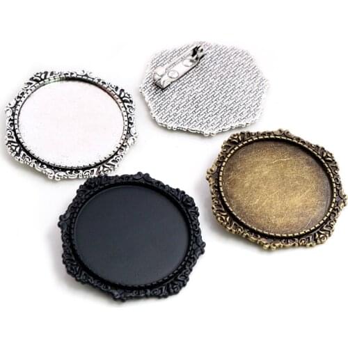 5pcs/lot 30mm Inner Size Black and Antique Silver Plated And Bronze Colors plated Brooch Pin Flower Style Cabochon Base Setting