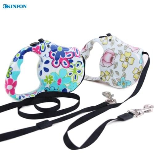 50Pcs/Lot High Quality Water Transfer Pet Automatic Telescopic Traction Rope Dog Essential 5m Colorful Flowers