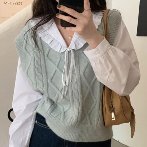 6Colors 2021 Autumn korean style Vintage Twist v neck knitted sleeveless vest sweaters And pullovers womens vests (X2130)