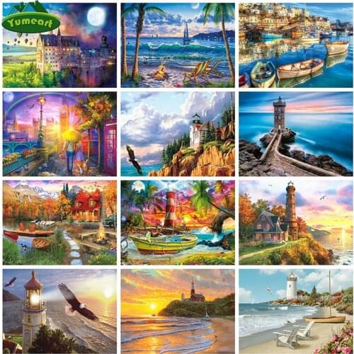 Diamond Painting by Number 5D Seaside Landscape Full Square Diamond Embroidery Cross Stitch Lighthouse Craft Kit Home Art Decor