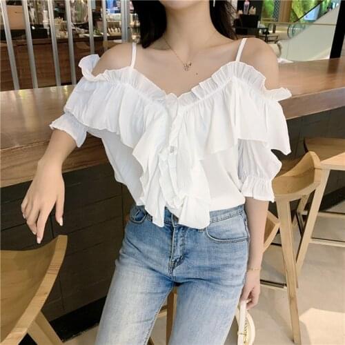 Womens Tops and Blouses 2021 Sexy V-neck Strapless Shirt Summer Casual Sling Short Sleeve Ruffle Chiffon Shirt