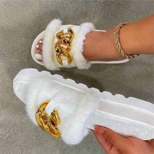 Winter Sexy Plush Slippers Ladies Fashion Open Toe Solid Color Womens Sandals Metal Chain Outdoor Casual Shoes Plus Size 36-43