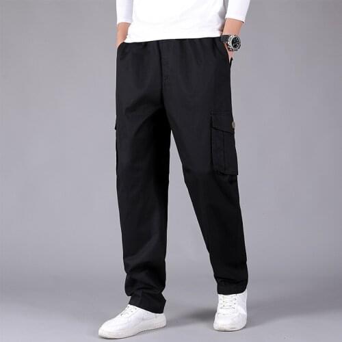 Mens Pants Spring Autumn Cargo Pure Cotton Solid Color Multi-Pocket Elastic Waist Casual Pants Mid-Waist Large Size Trousers
