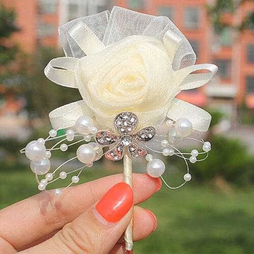 1 Piece Wedding Corsage Groom Boutonniere Party Prom Best Man Corsage Handmade Chiffon Yarn Ivory Rose Crystal Men Suit Brooch