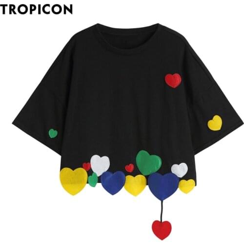 TROPICON Designer Colorful Heart Patch Crop Top T Shirt Summer Short Sleeve Tees Oversized Tshirt Kawaii Cute Korean Fashion Top