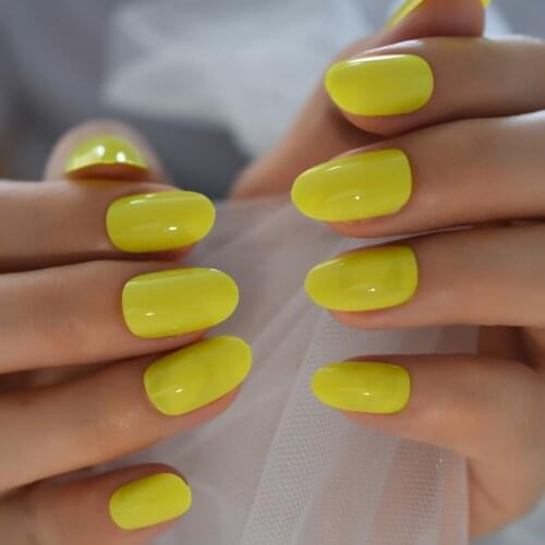 Oval Shaped Fake Nails Press On Tips Pure Yellow Shine Gelnails Art Fake False Nail For Finger Manicure Art