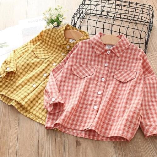 Plaid Long-Sleeved Shirt 2021 Spring New Girls' Clothing Childrens Lapel Shirt