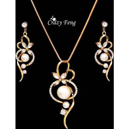 Wholesale Free shipping Statement Fancy women Jewelry Set Necklace Earrings Gold Plate pearl Crystal wedding jewelry set