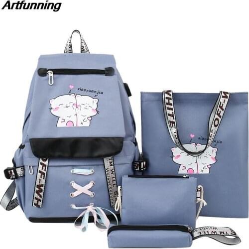 Artfunning Korean School Bags for teenager Girls Boys travel Backpack Large-capacity backpack for students with USB data cable