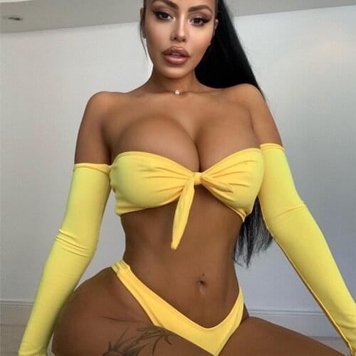 Bandeau Swimsuit With Long Sleeve Sexy Biquini Female Swimwear 2021 Women Thong Bikini Set Push Up Bathing Suit Front With Bow